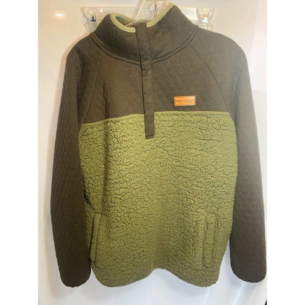 Simply Southern Sweater Womens Large Green Deep Pile Fleece 1/4 Zip ‎ Pullover